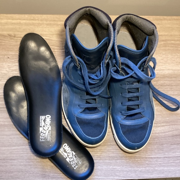 Salvatore Ferragamo Robert leather suede high top sneakers blue 8,5 EE - Picture 10 of 16